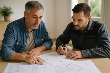 Client et artisan analysant ensemble un devis de rénovation énergétique pour comprendre le juste prix des travaux.