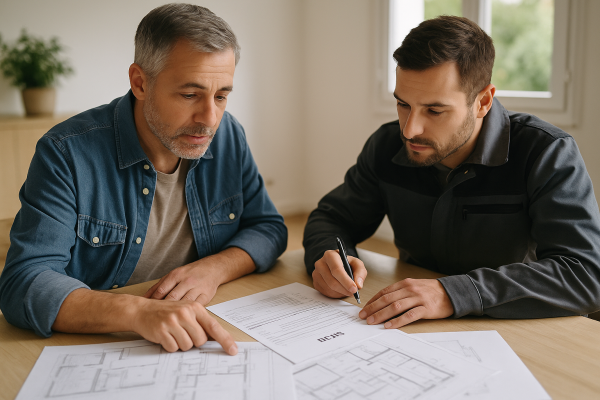 Client et artisan analysant ensemble un devis de rénovation énergétique pour comprendre le juste prix des travaux.