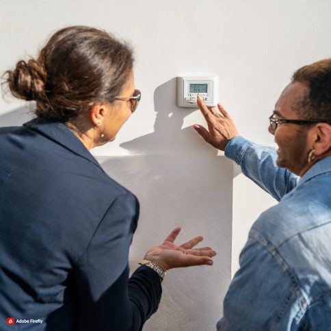 Firefly Des personnes discutant autour d'un thermostat, symbolisant l'apprentissage de l'ajustement